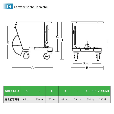 Contenitore - Benna ribaltabile / 280Lt. / Portata 600Kg