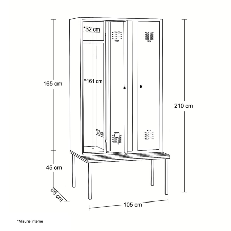 Armadi Spogliatoio Tradizionale con panca a doghe legno -  3 Posti  / cm.105x65x210H /