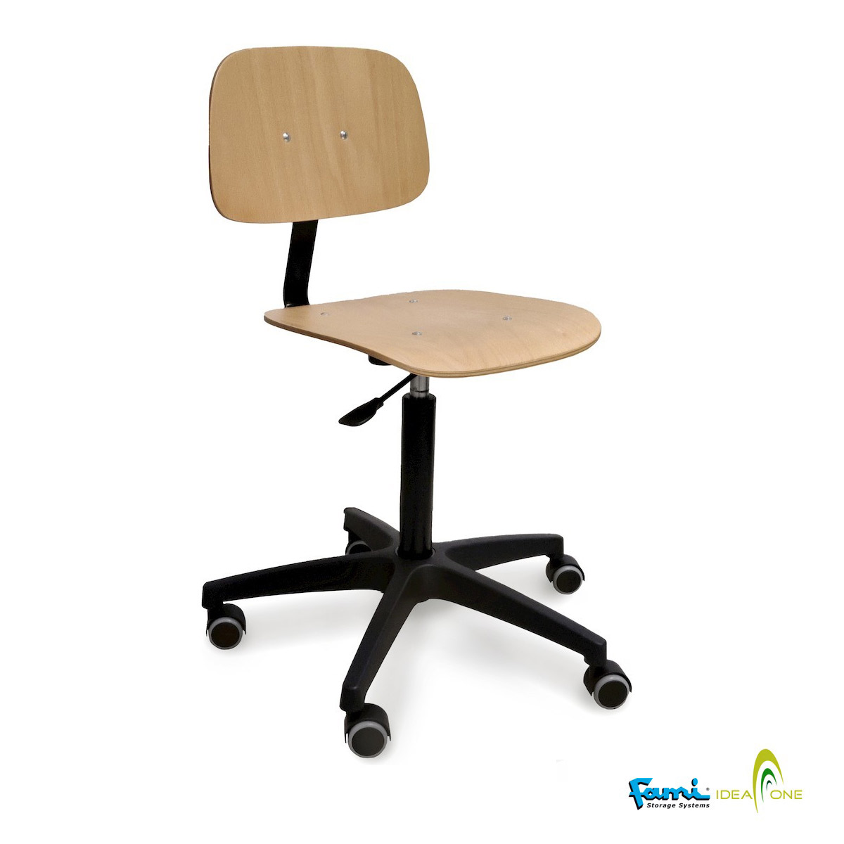 Sgabello lavoro legno FAMI: Regolazione seduta 51/69 cm, FAGGIO, c/Ruote 