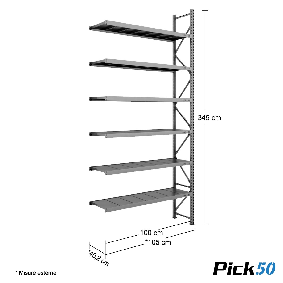 Scaffale Magazzino Robusto - cm. L.100xP.40xH.350 - Pick50 (Agg.)