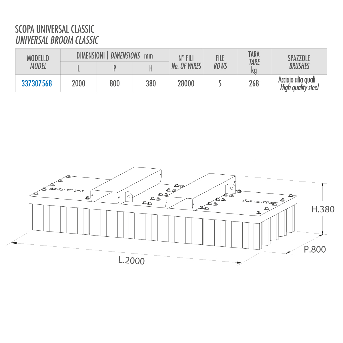 Scopa Muletto Universal Classic | 200 cm | 5 File in Acciaio