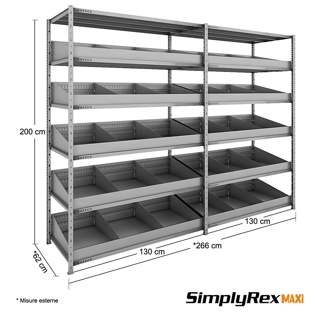 Scaffalatura con divisori per minuterie - Simplyrex - cm. L.265xP.60xH.200