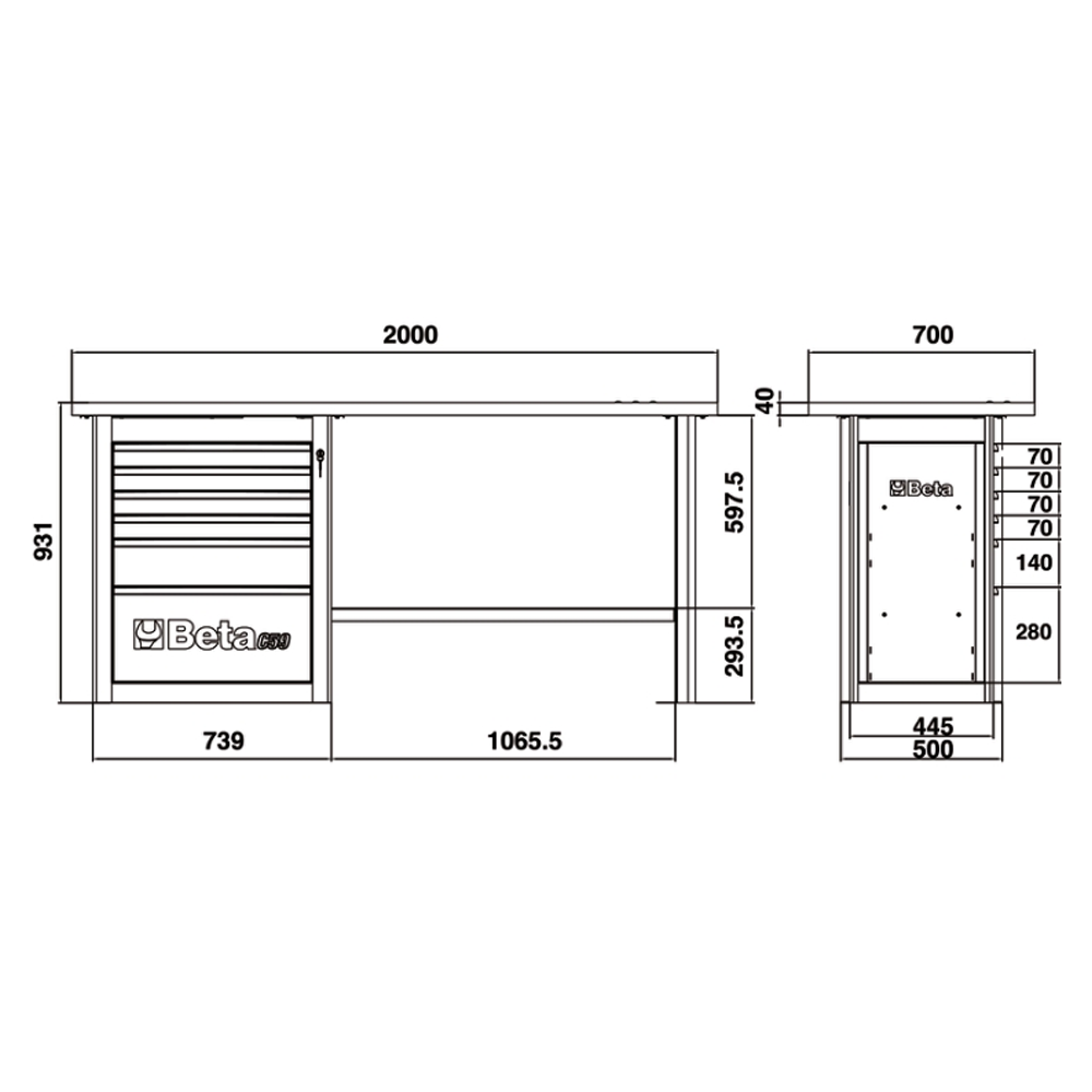 Banco da lavoro piano in legno Beta C59A (Grigio) / cm. L.200xP.70xH.95