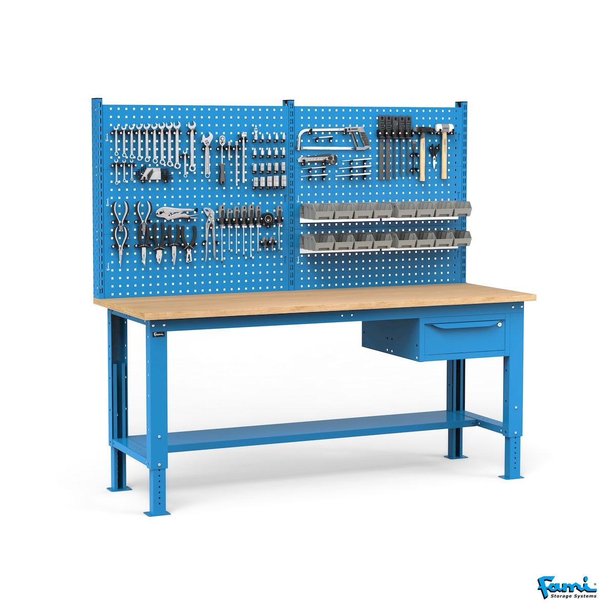 Banco da lavoro piano in legno H regolabile (Blu) / cm. L.200xP.75xH.167,5/205 – FAMI WORK2036