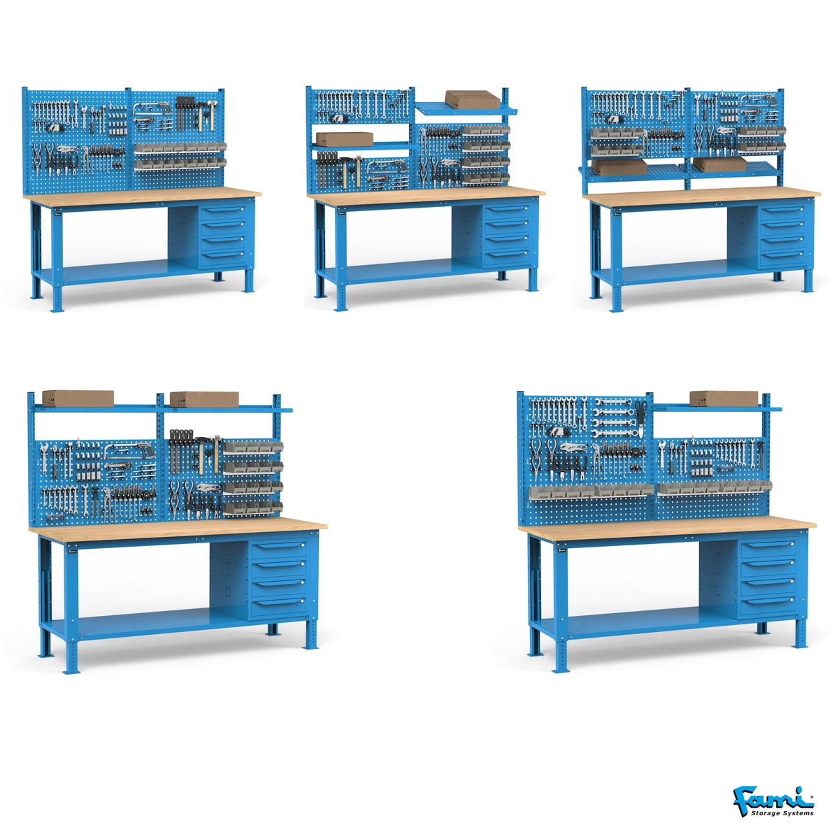 Banco da lavoro piano in legno H regolabile (Blu) / cm. L.200xP.75xH.167,5/205 – FAMI WORK2037