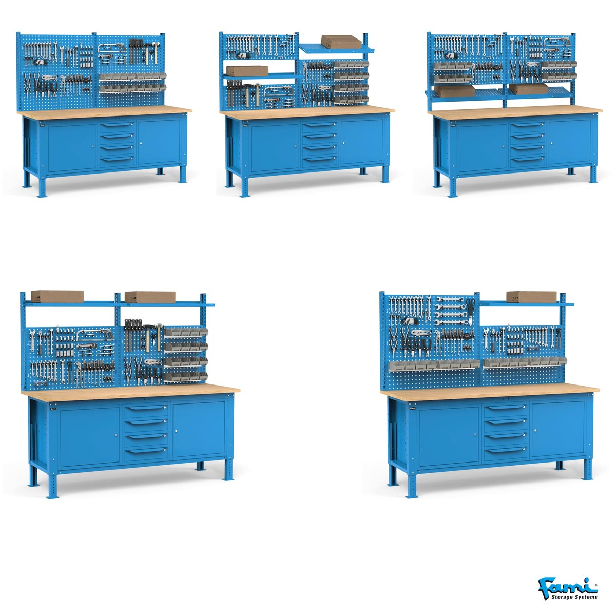Banco da lavoro piano in legno H regolabile (Blu) / cm. L.200xP.75xH.167,5/205 – FAMI WORK2041