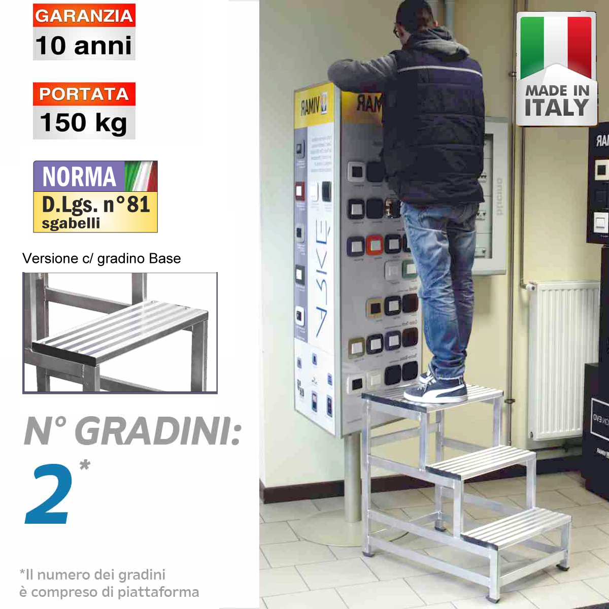 Sgabello in alluminio gradini profilato - 2 gradini
