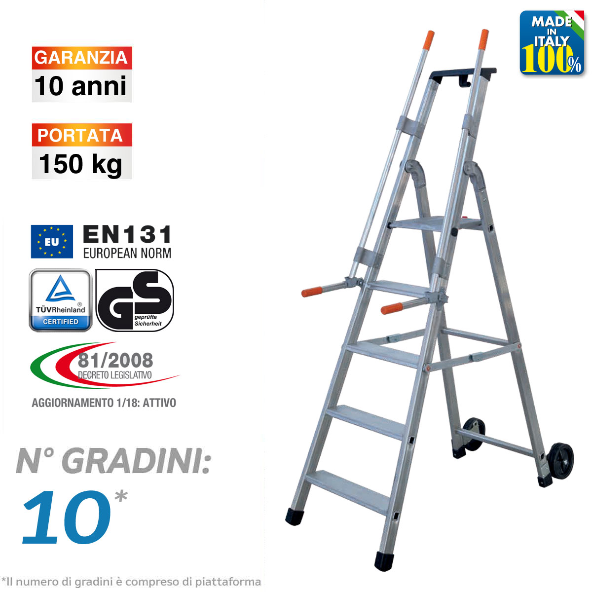 Scala a libro Professionale in alluminio 10 gradini
