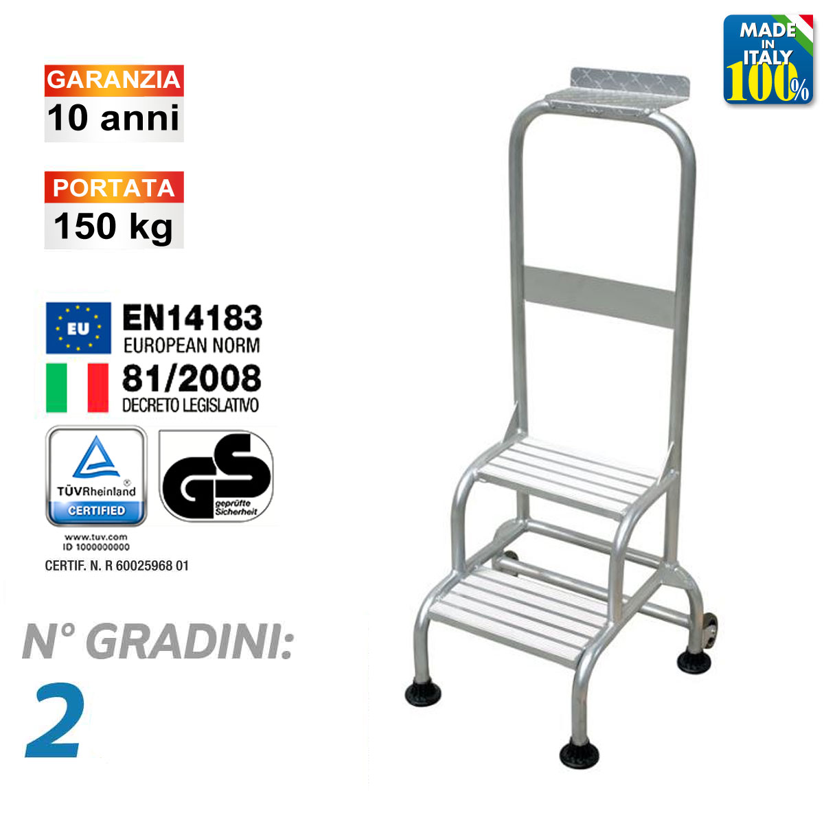 Sgabello in alluminio con paracorpo / 2 gradini