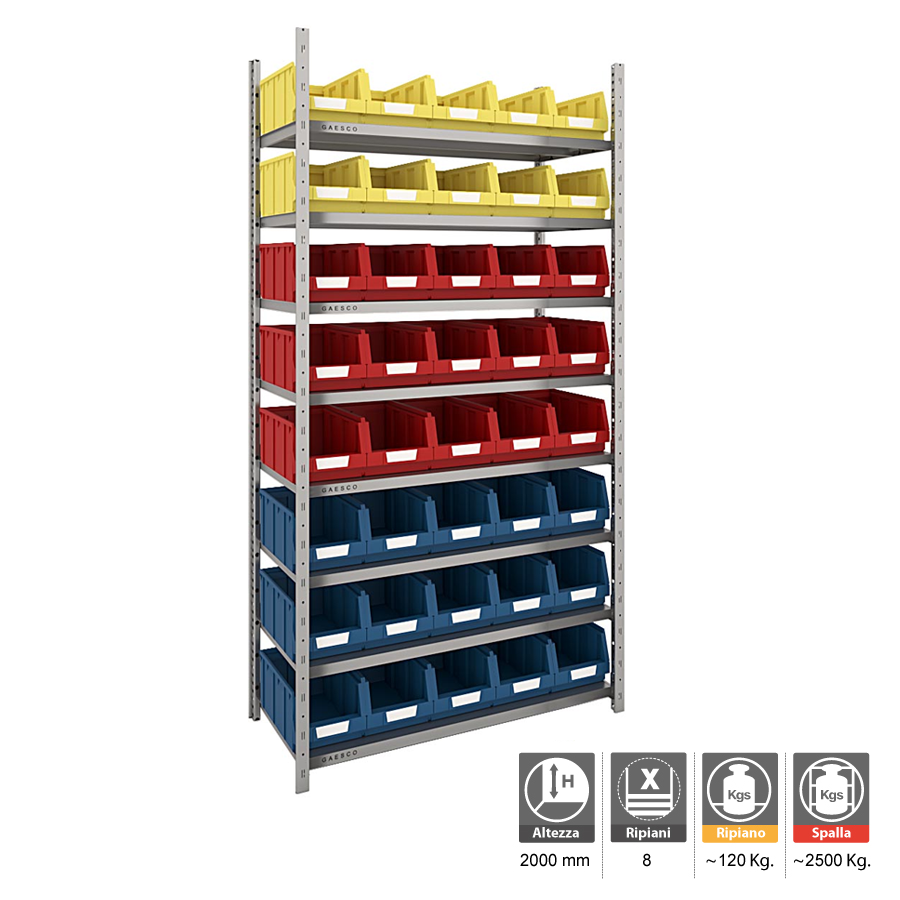 Scaffale con 40 contenitori bocca di lupo  –  Simplyrex  - cm. L.115xP.40xH.200 cm