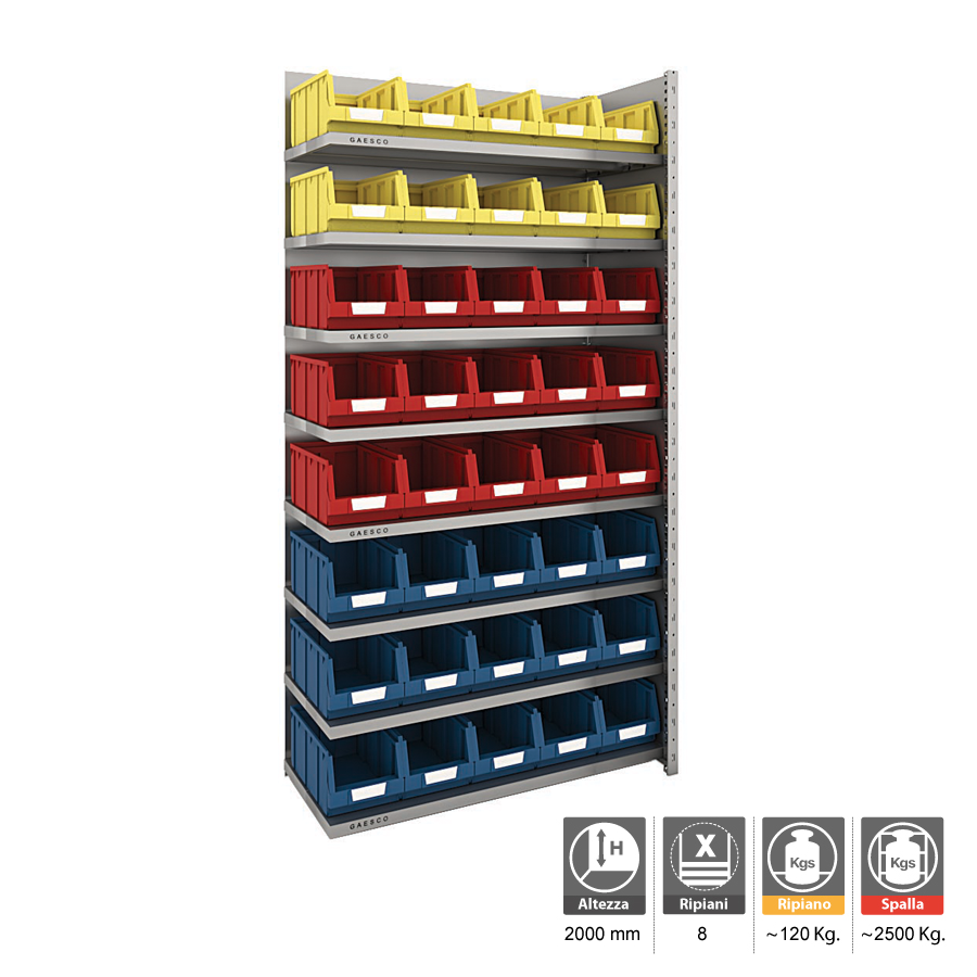 Scaffale con 40 contenitori per minuterie / cm. L.115xP.40xH.200