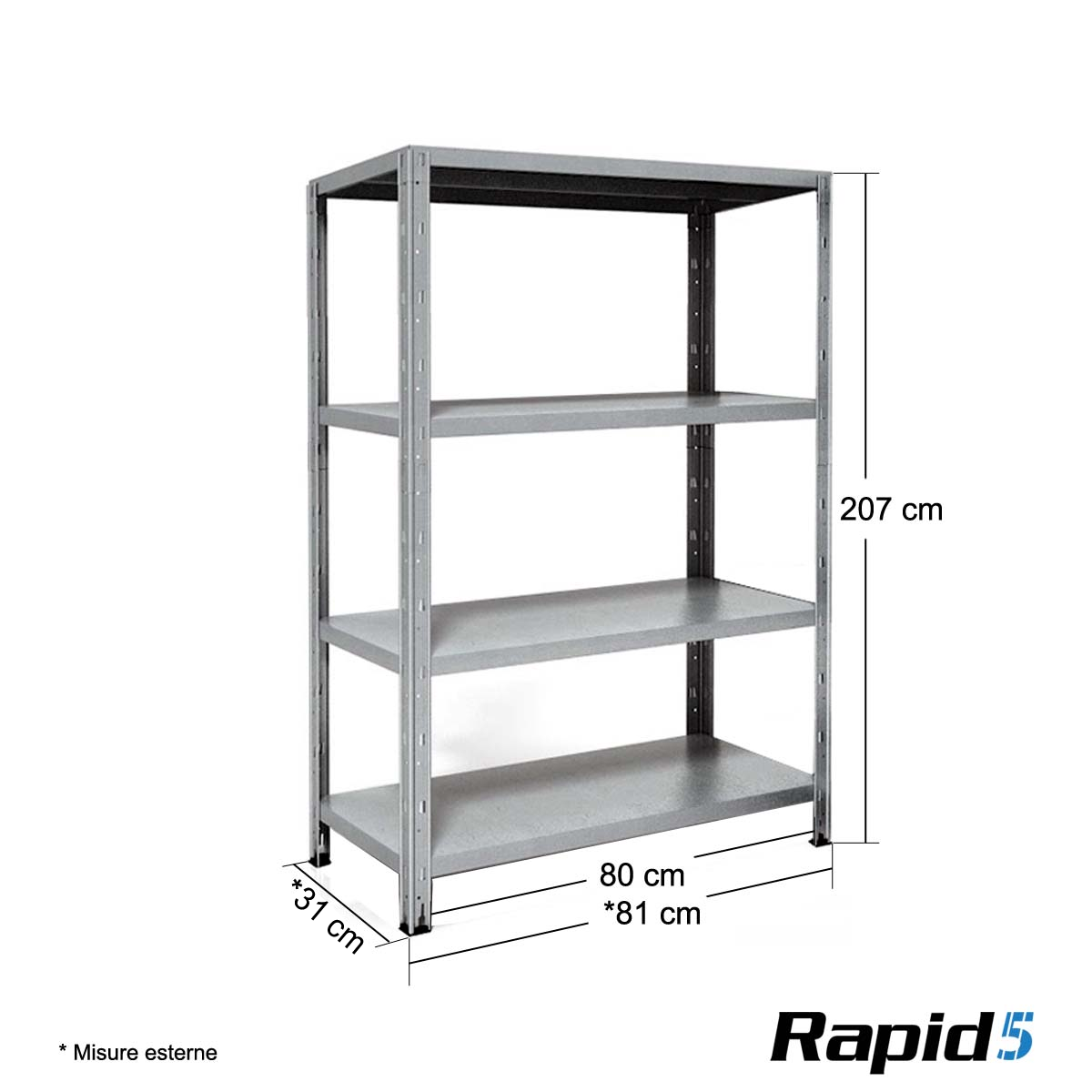 Scaffale Acciaio Rapid5 Zinc. 4 Rip.150KG - L.80xP.30xH.200 cm