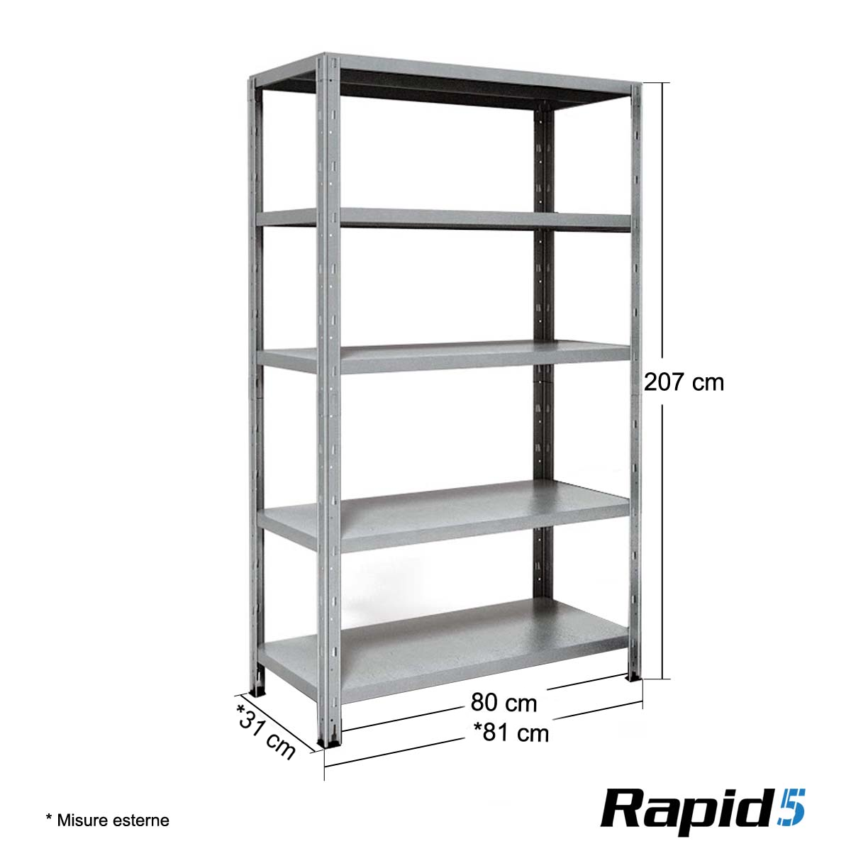 Scaffale Acciaio Rapid5 Zinc. 5 Rip.150KG - L.80xP.30xH.200 cm