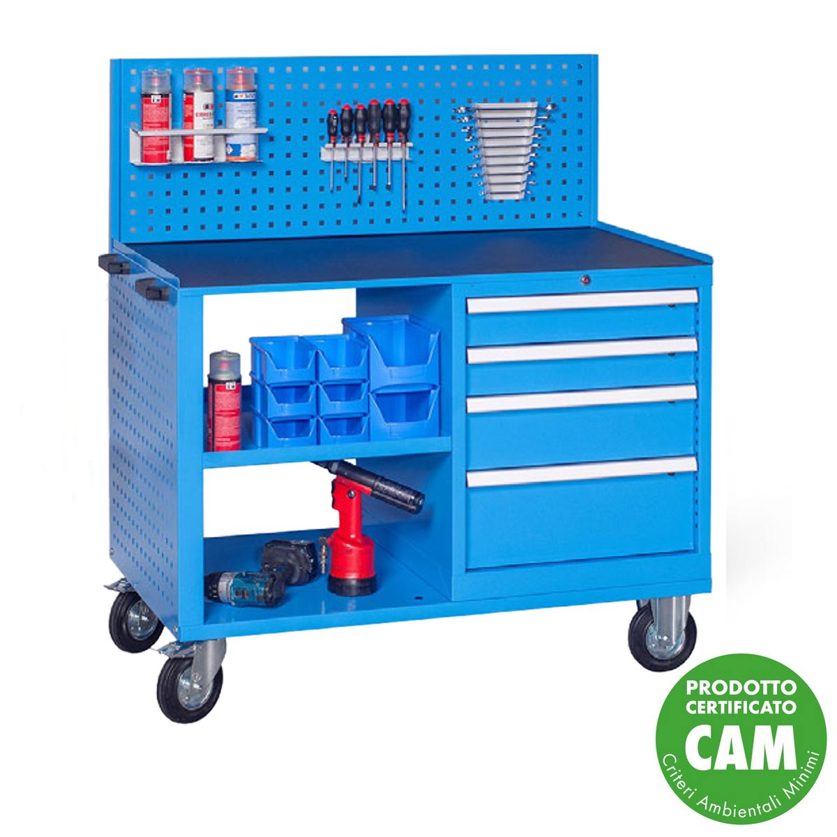 Banco da lavoro su ruote piano in acciaio (BLU) / cm. L.110xP.65xH.125 - GK