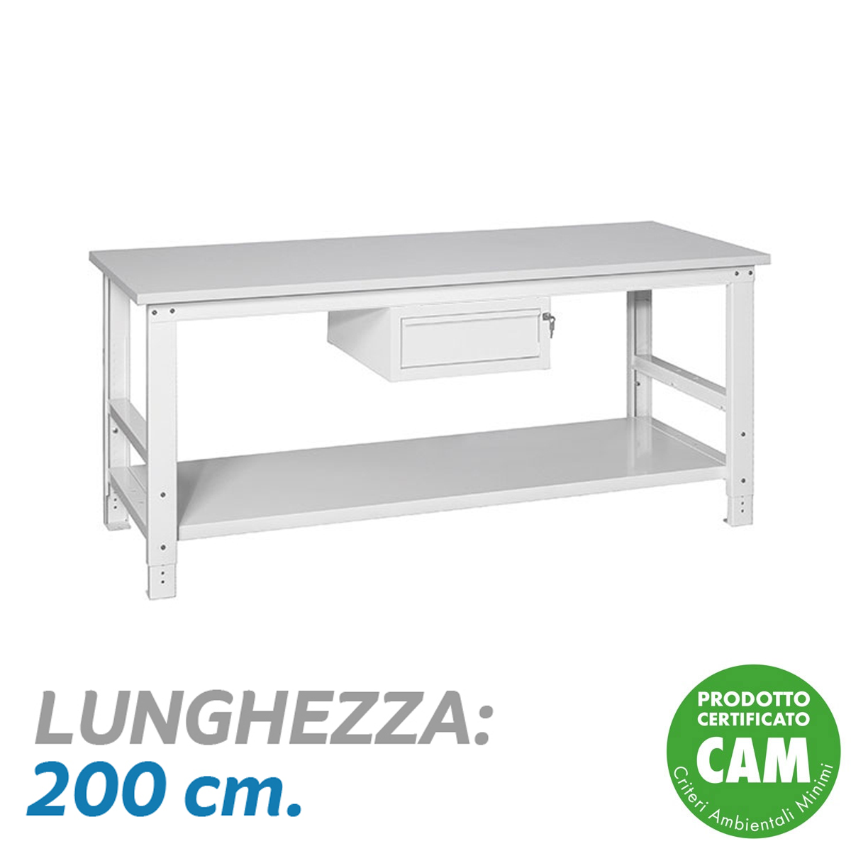 Tavolo da imballaggio c/cassetto e piano inferiore cm.200x80x78/115,3
