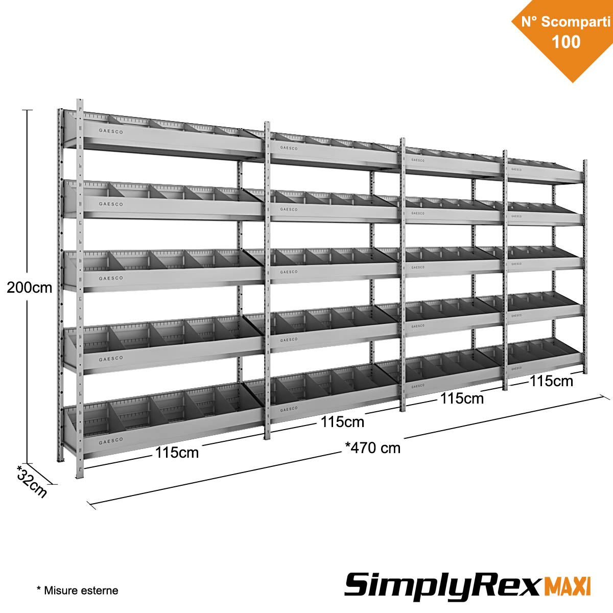 Scaffale per minuterie a 100 Divisori – Simplyrex – cm. L.470xP.30xH.200