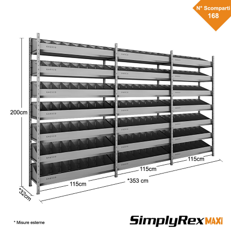 Scaffale per minuterie  a 168 Divisori – Simplyrex – cm. L.353xP.30xH.200