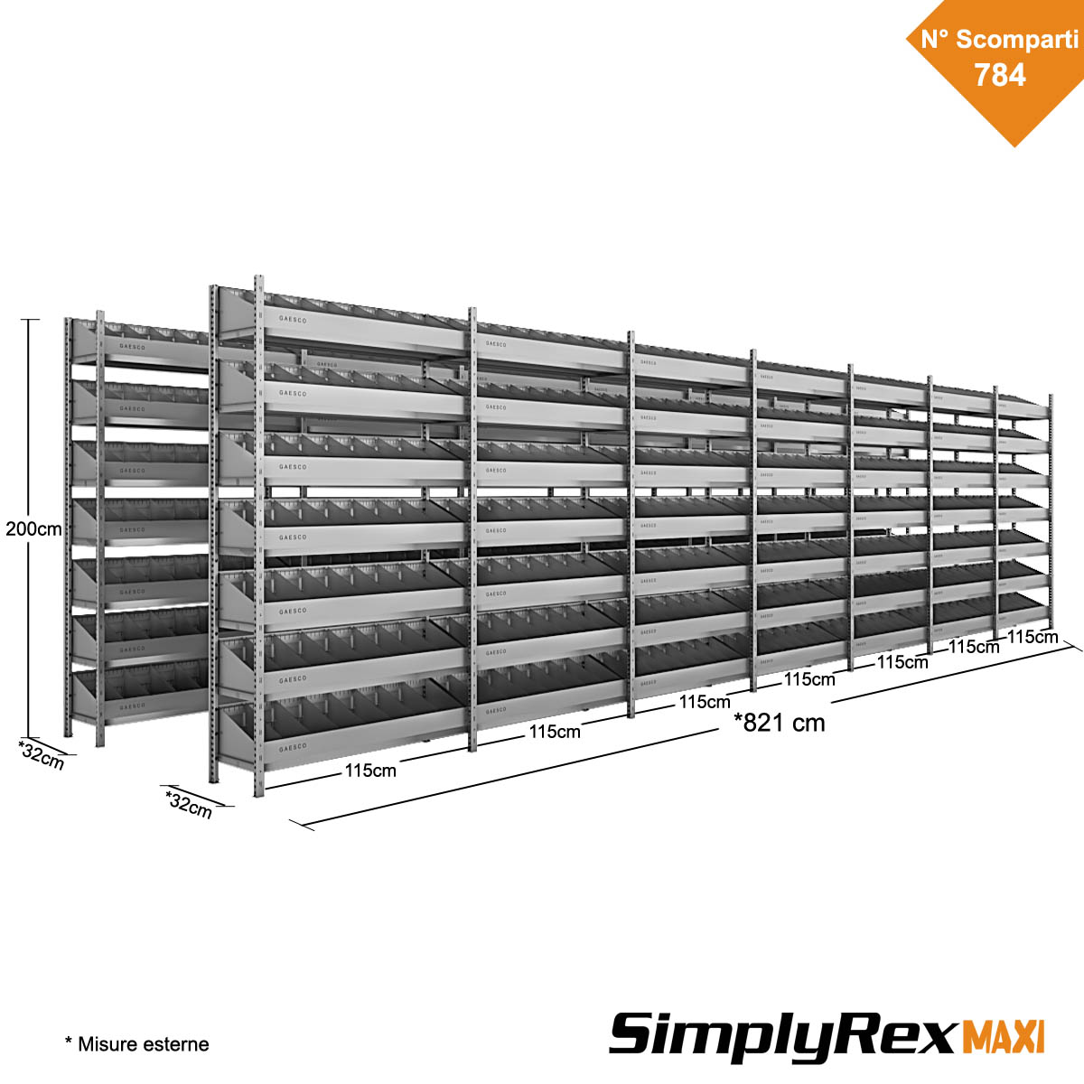 Scaffale per minuterie a 784 Divisori – Simplyrex – cm. L.821xP.30xH.200