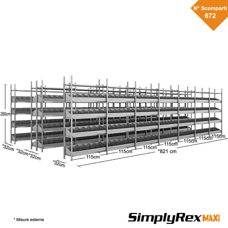 Scaffale per minuterie a 672 Divisori – Simplyrex – cm. L.821xP.30xH.200