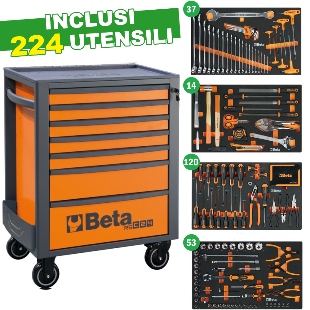 Carrello Beta completo 224 utensili (RSC24/7) - Arancio