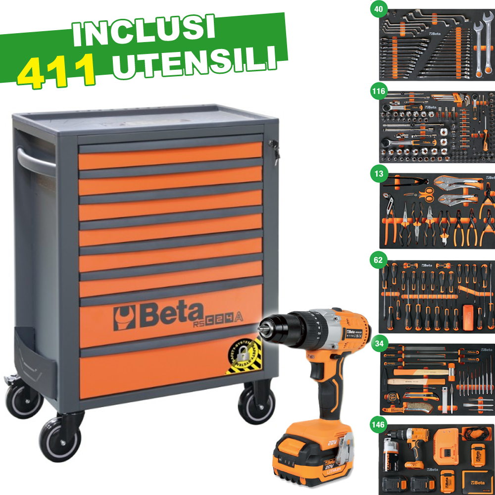 Carrello Beta completo 411 utensili (RSC24A/8) - Arancio