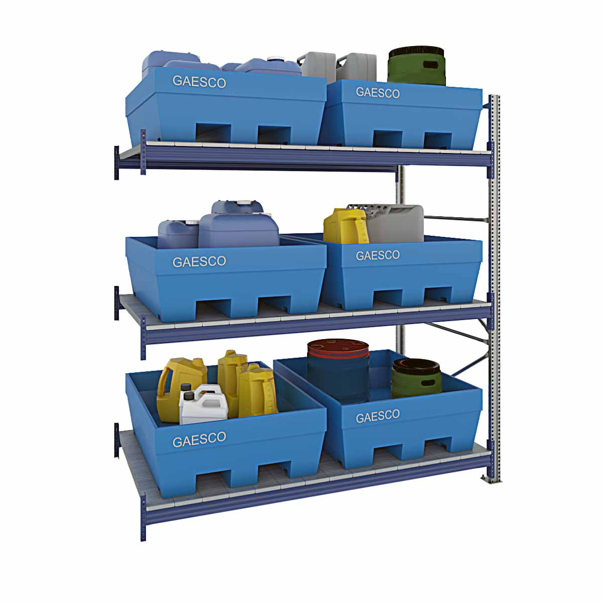 Scaffalatura con 6 vasche contenimento (PE) da 200 Lt. / cm. L.220xP.120xH.250–AGG