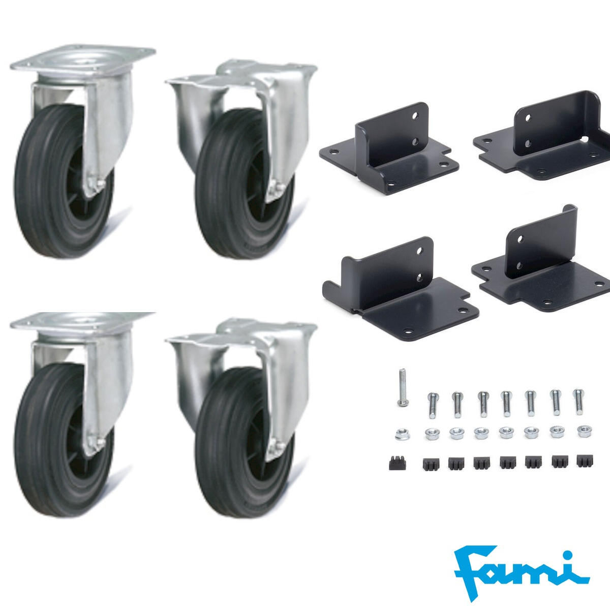 Ruote gomme standard 125 mm con piastre per scaffali FIFO Kanban