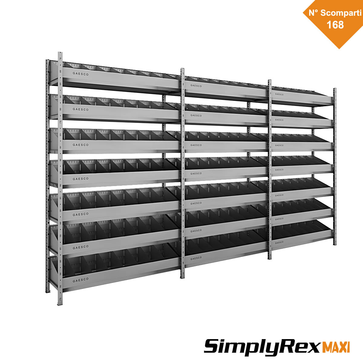 Scaffale per minuterie  a 168 Divisori – Simplyrex – cm. L.353xP.30xH.200