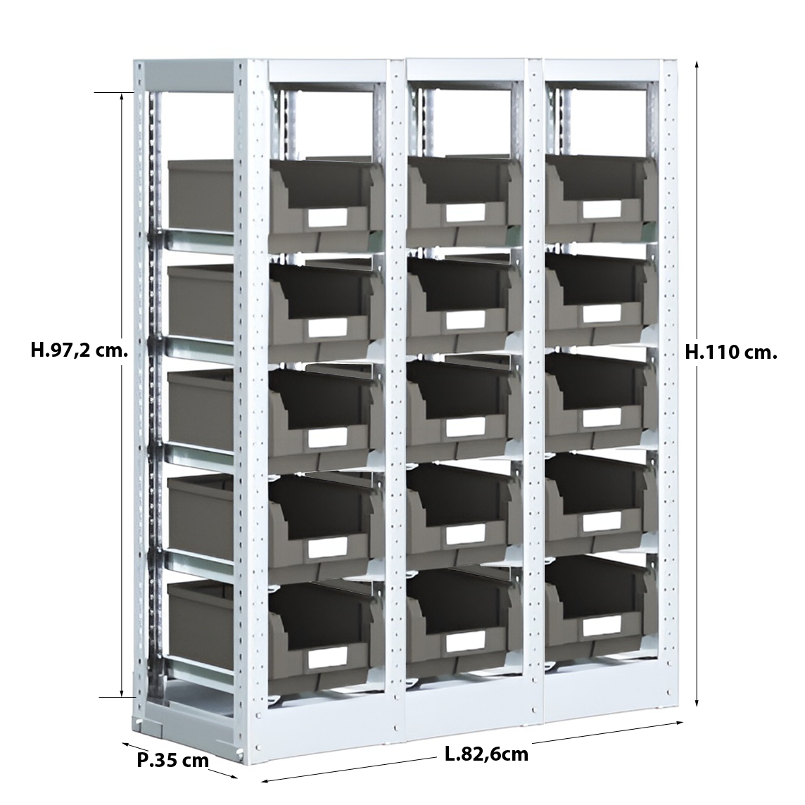 Scaffale con 15 cassette – contenitori 9,4 LT estraibili - cm L.83xP.35xH.110