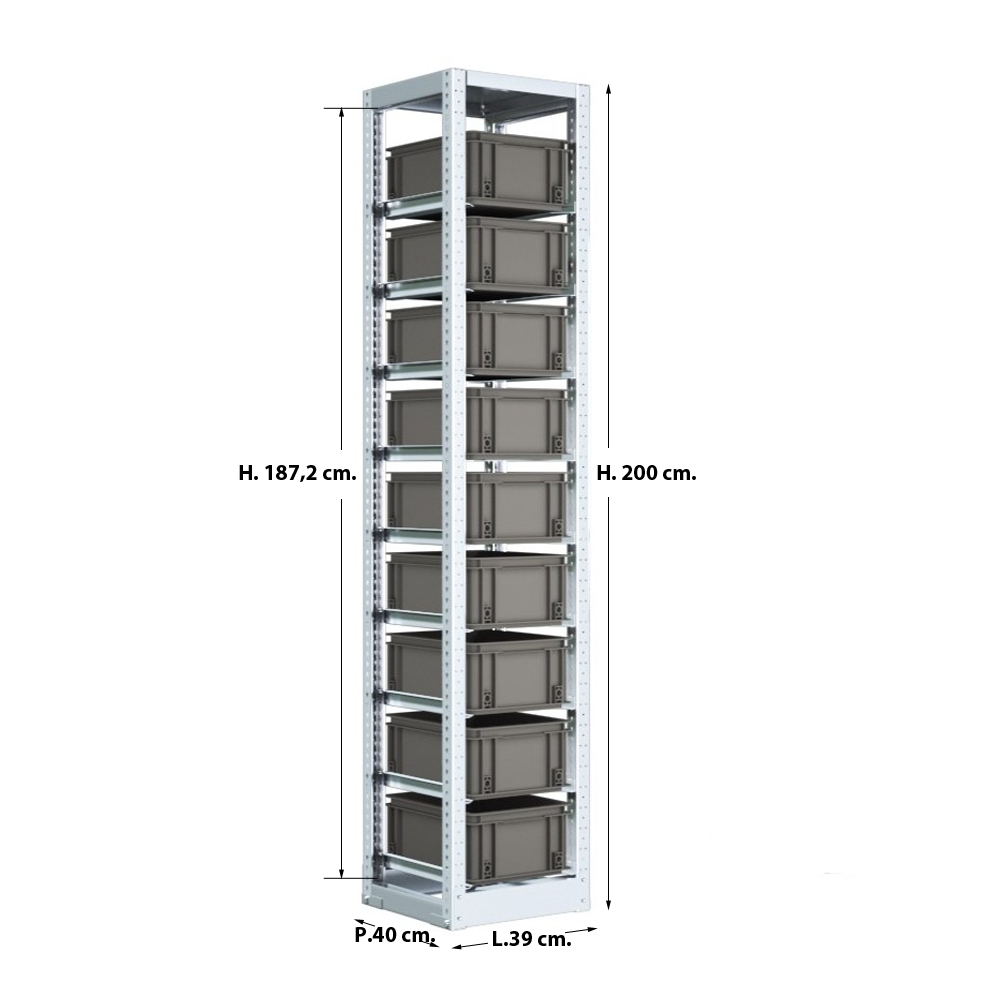 Scaffale con 9 cassette – contenitori 15 LT estraibili - cm L.39xP.40xH.200