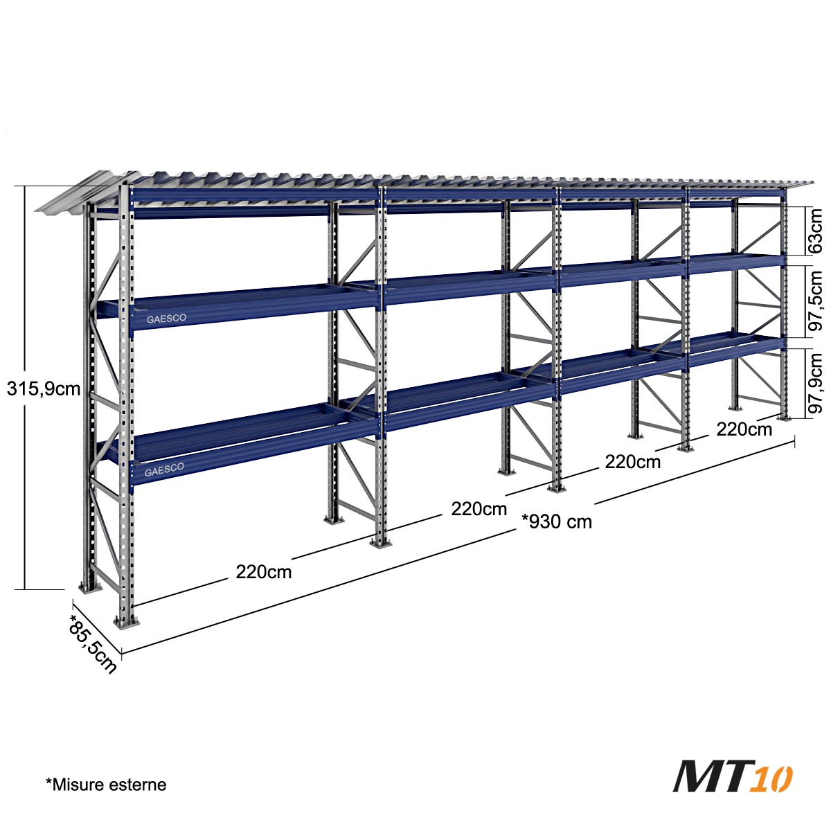 Scaffale portapallet con tettoia cm. L.930xP.80xH.315/300 (KIT)