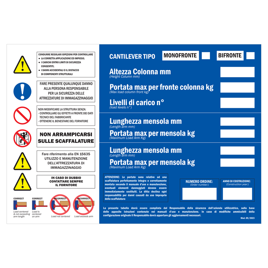 Cartello portata specifico per Cantilever  / cm L.30xH.21