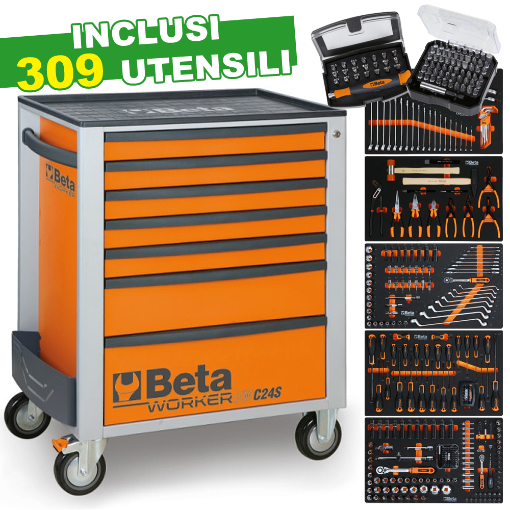Cassettiera Beta Worker BW 2400S O7/E-M Arancio | 309 Utensili | Gaesco