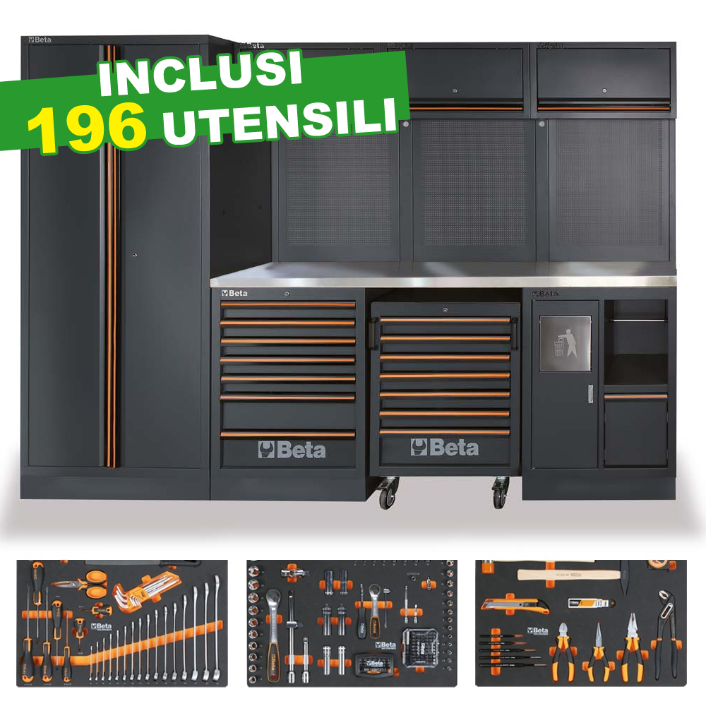 Arredo Officina BETA C45PRO X | 196 Utensili Inclusi | Piano Inox
