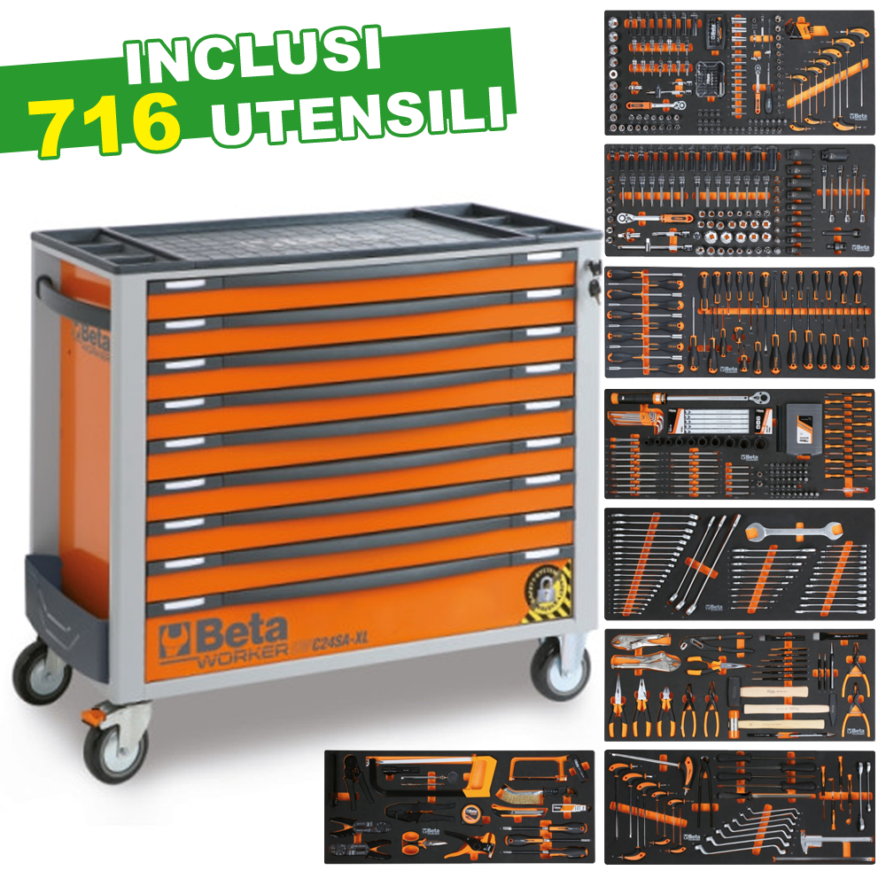 Cassettiera Beta Worker XL9 Arancio | 716 Utensili XXL | Gaesco