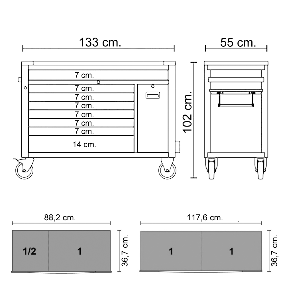 Cassettiera mobile XXL c/8 cassetti / Antiribaltamento / 1.061 utensili Grigio
