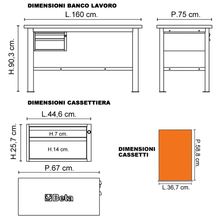 Banco Lavoro Beta C58BC-W1,6 2C/A Antracite | 1,6 mt | Gaesco