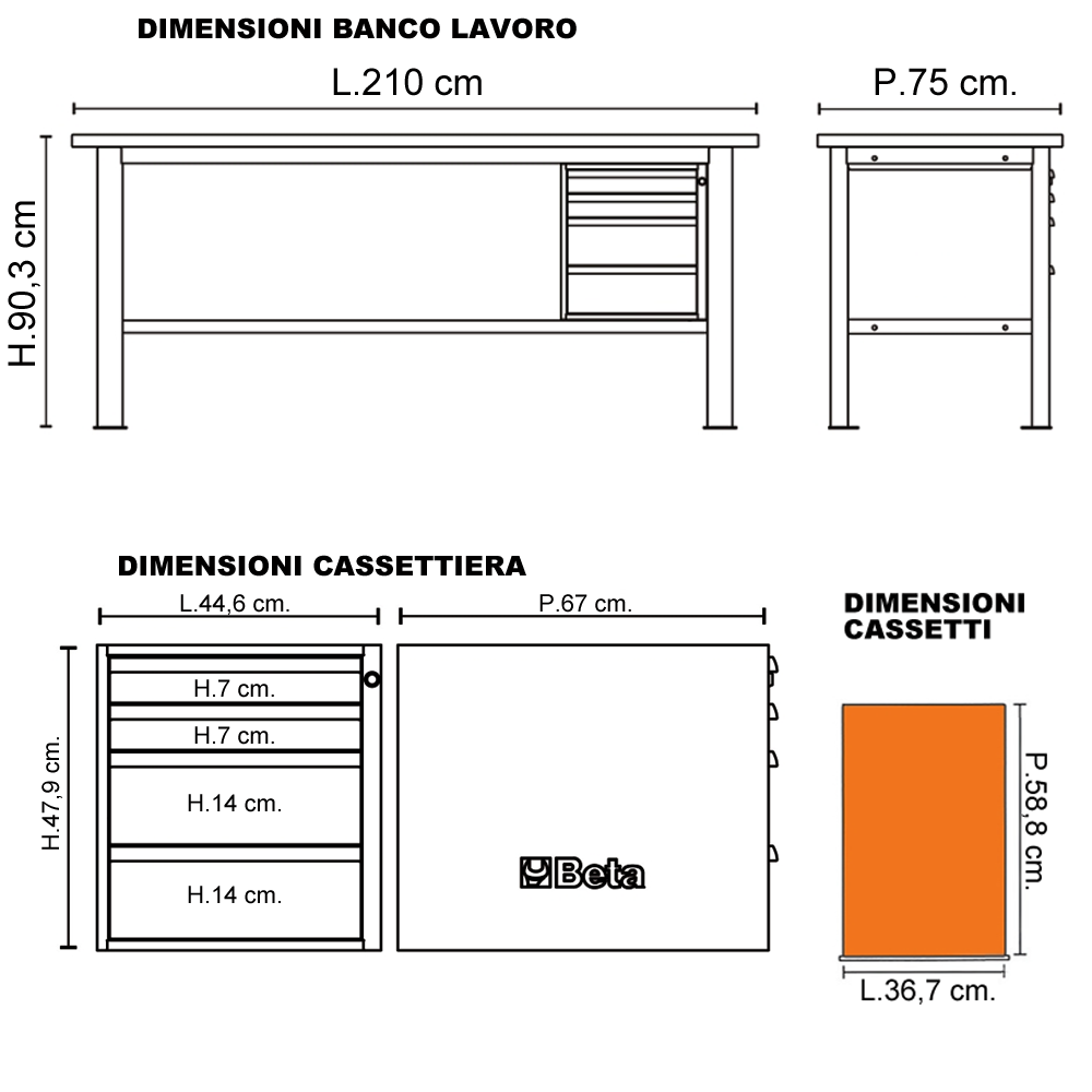 Banco Lavoro Beta C58BC-W2,1 4C/O Arancio | 2,1 mt | Gaesco