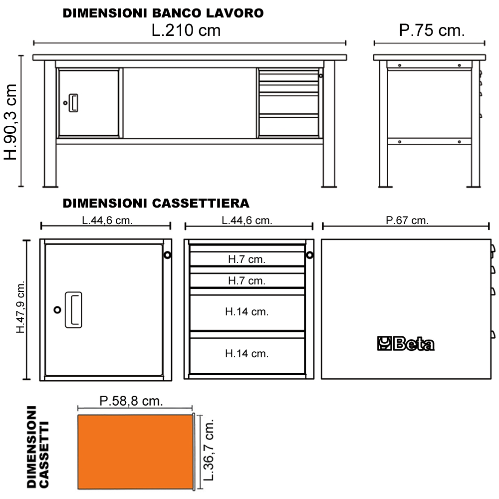 Banco Lavoro Beta C58BC-X2,1 4CA/A Antracite Inox | 2,1 mt | Gaesco