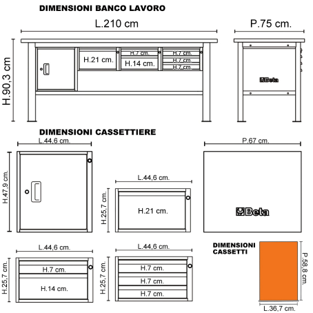 Banco Lavoro Beta C58BC-W2,1 6CA/A Antracite | 2,1 mt | Gaesco
