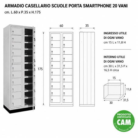 Armadio casellario scuole porta smartphone 20 vani / cm. L.60xP.35xH.175