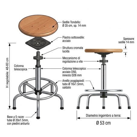 Sgabello tecnico da disegno in faggio regolazione a vite cm. 48/60 