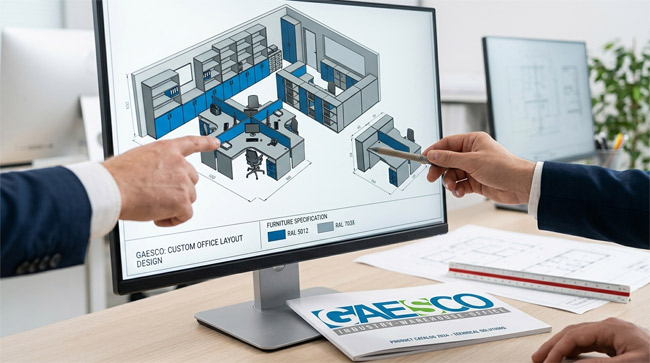 Schermo di un computer che mostra una progettazione 3D dettagliata di un layout ufficio personalizzato Gaesco, con due persone che indicano e discutono il design. In primo piano un catalogo Gaesco e planimetrie cartacee.